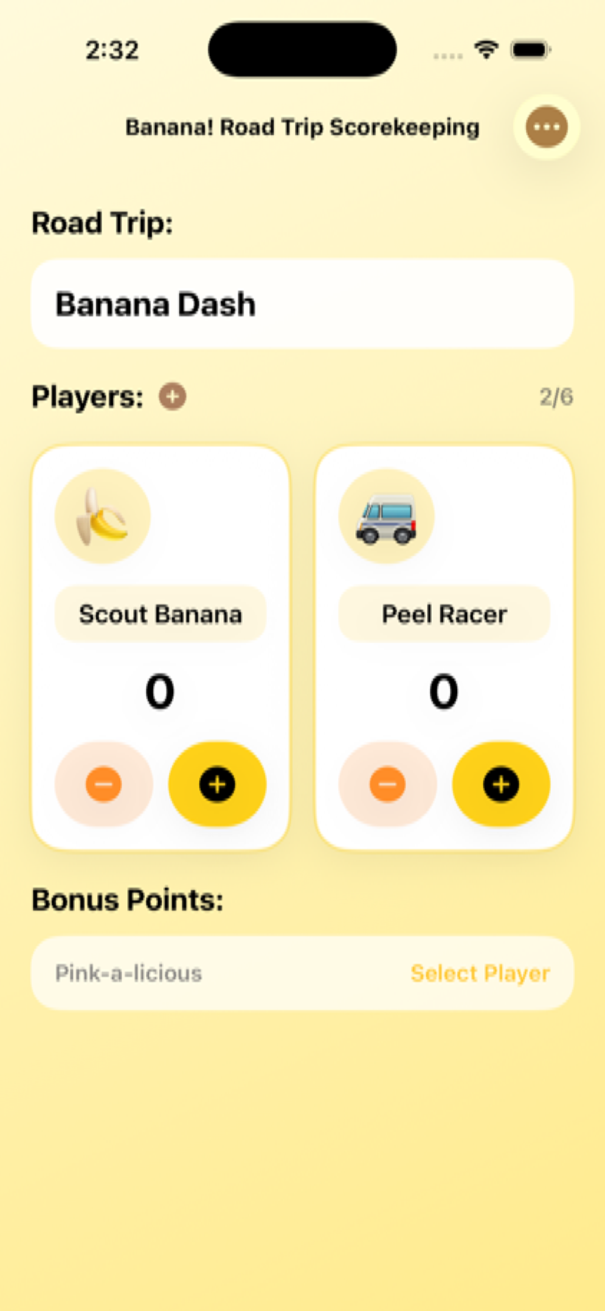 Banana game scorekeeping screen